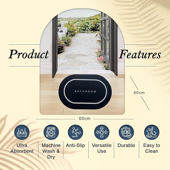 Black Pack of 2 Quick Dry Soft Water Absorbing Bathroom Rectangular Mat | Anti-Skid & Non-Slip Rubb